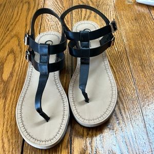 Tru Comfort foam black strappy sandals.  Wedge heel. Rose gold buckles. Size 8.5